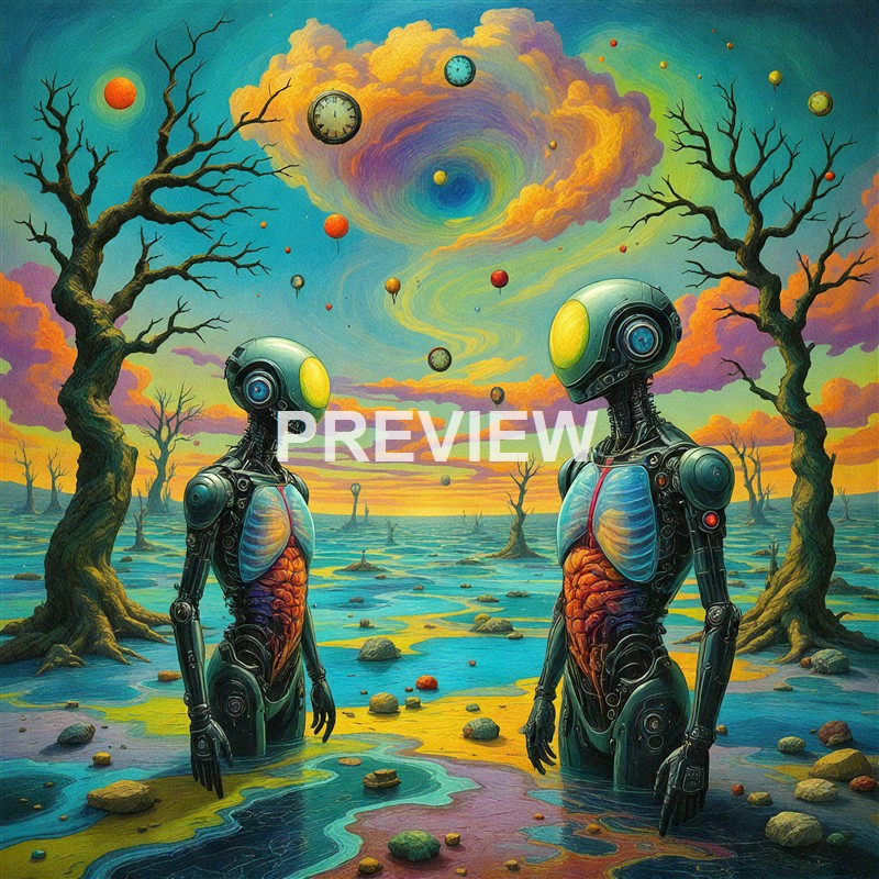 The image depicts two futuristic humanoid robots with visible internal organs standing in a barren landscape with leafless trees under a colorful, swirling sky filled with floating orbs and clouds, creating a surreal, science fiction scene.